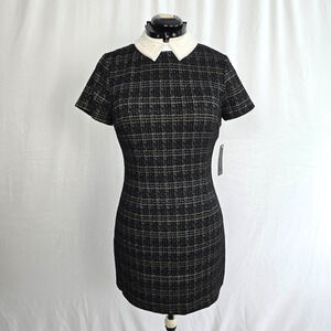 City Triangles Tweed Dress Women's L Black Gold Geo Faux Pearl Collar Mini NWT